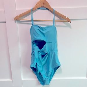 Blue Strapless One-piece bathing suit with cut outs and tie